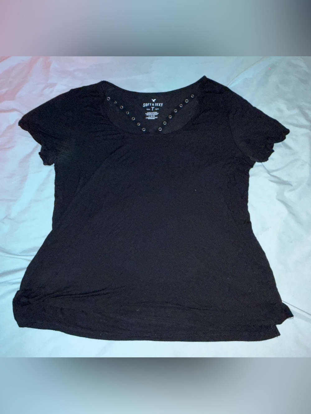 American Eagle Outfitters Black Short Sleeve Tee with Eyelet Neckline